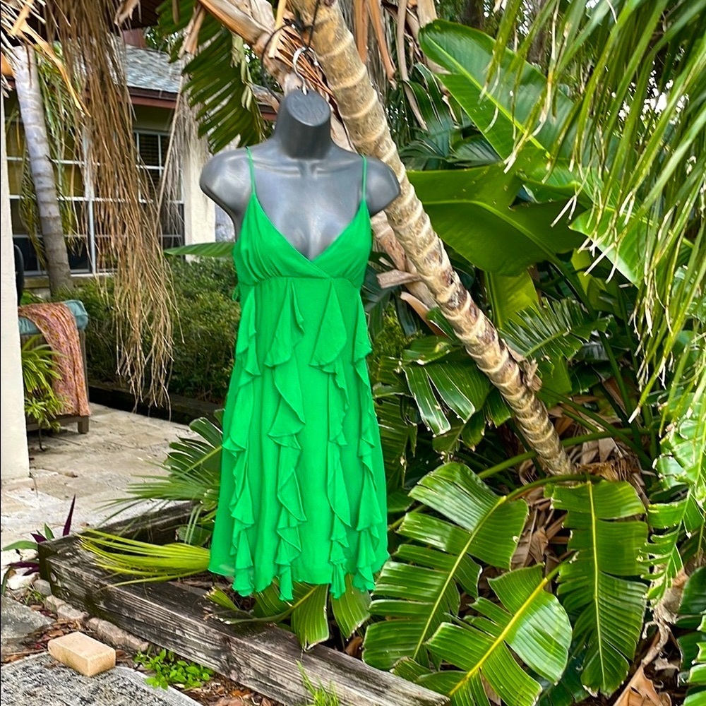 Jewel Green ruffled silk slip dress